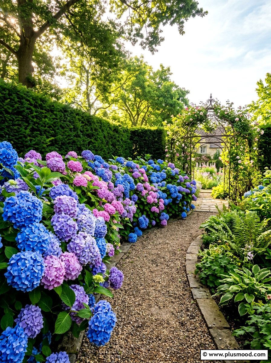 Romantic Hydrangea Shrub Border - 25 summer path border planting ideas