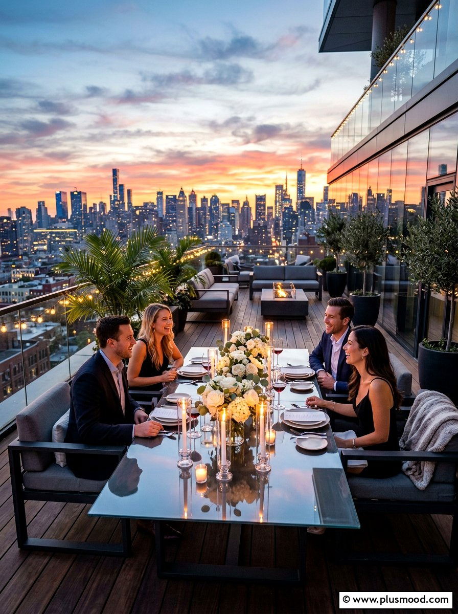 Rooftop Sunset Dinner Setup - 25 summer elegant outdoor dinner ideas