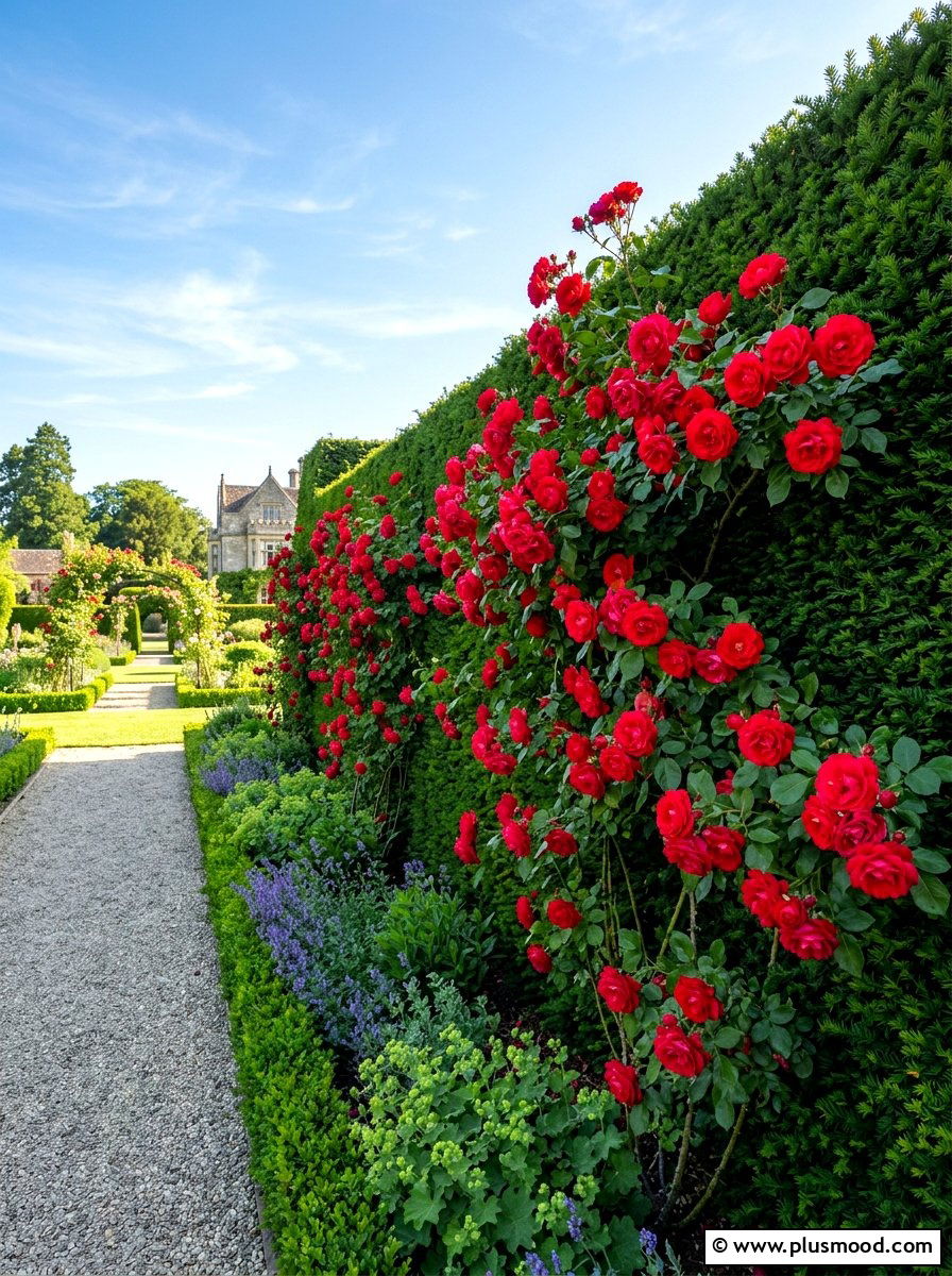 Rose and yew hedge - 25 summer evergreen and flower mix ideas