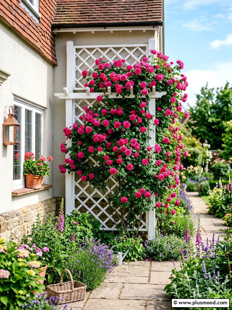 Rose climbing trellis - 25 summer full sun garden ideas