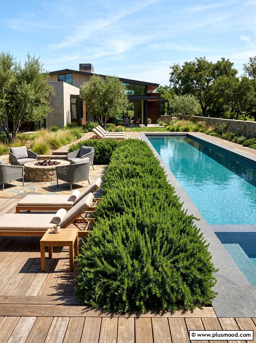Rosemary Hedge Poolside - 25 pool landscaping ideas with herbs