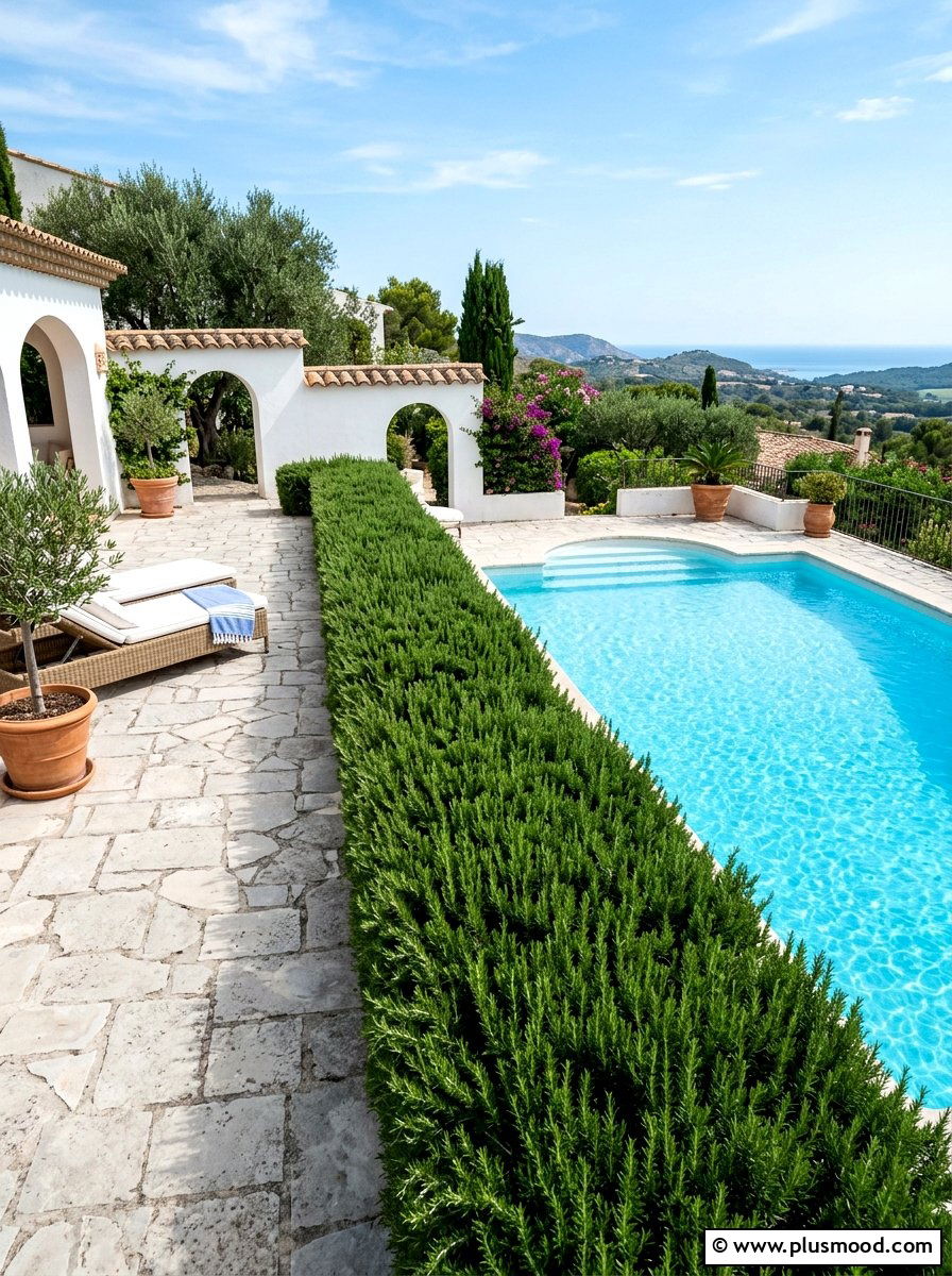Rosemary Pool Hedge - 25 pool landscaping ideas for Mediterranean style