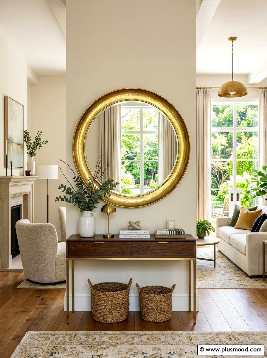 Round Brass Mirror - 25 late summer living room ideas