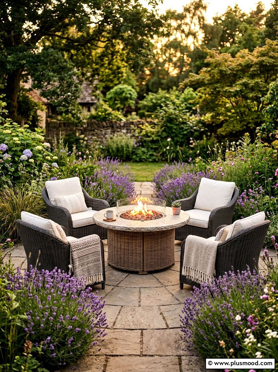 Round Fire Table With Wicker Chairs - 25 small backyard ideas with fire table