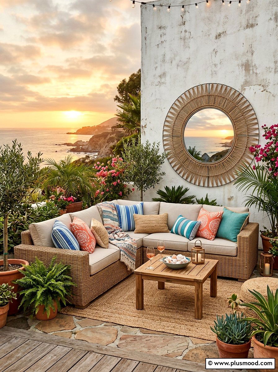 Round Mirror Over Patio Seating - 25 small backyard ideas with mirror