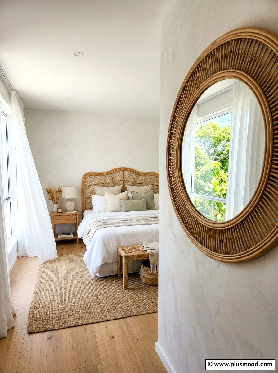 Round Rattan Mirror Wall - 25 summer wall decor ideas for bedroom