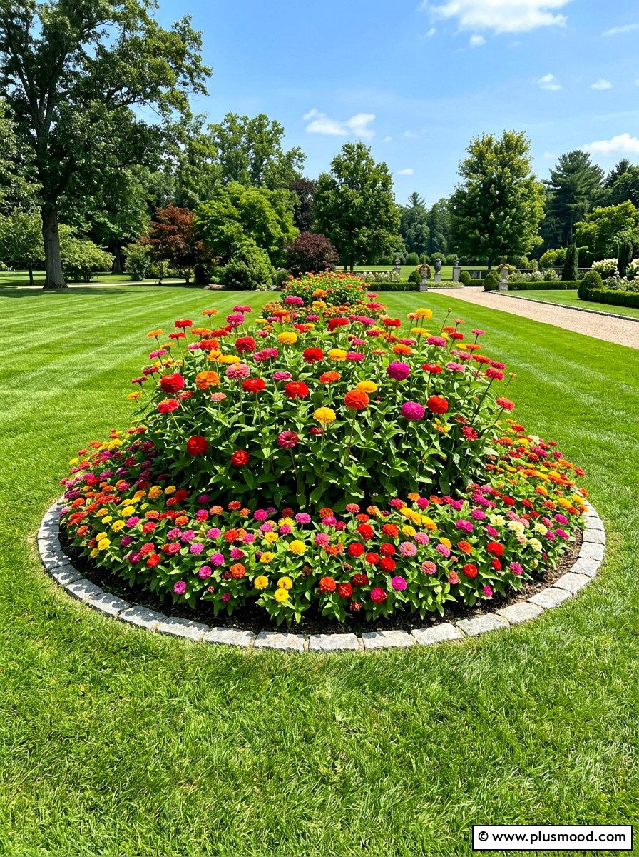 Round zinnia flower island - 25 summer zinnia garden ideas