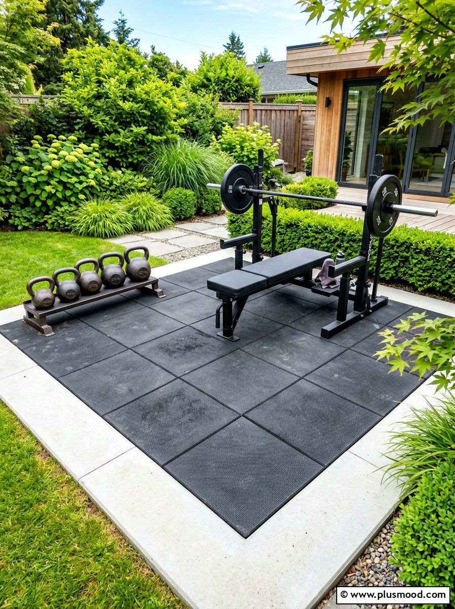 Rubber Tile Workout Zone - 25 small backyard ideas with outdoor gym