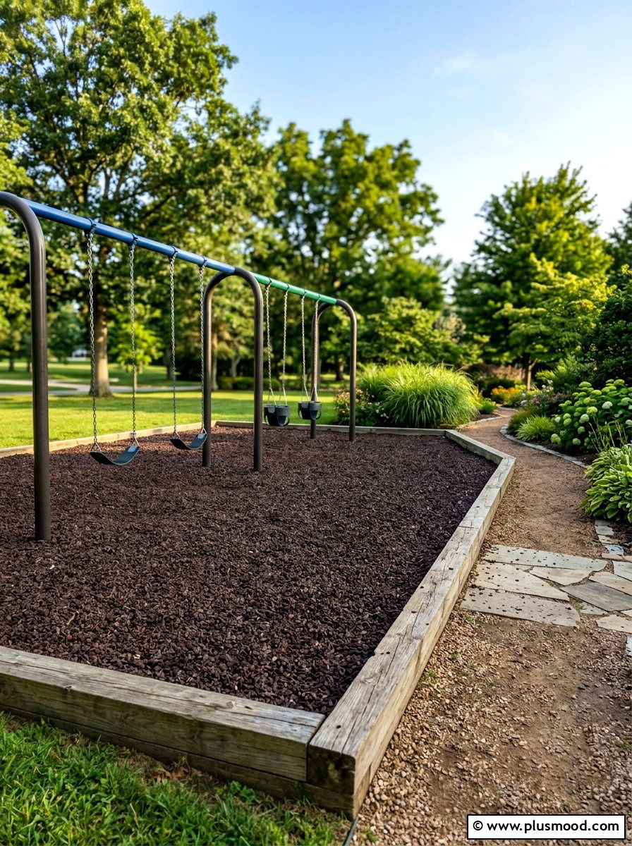 Rubber mulch for playground safety - 25 small backyard ideas with swing set