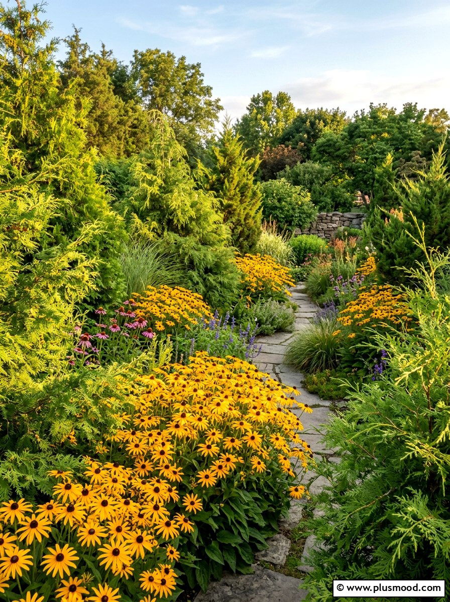 Rudbeckia and cedar pairing - 25 summer evergreen and flower mix ideas