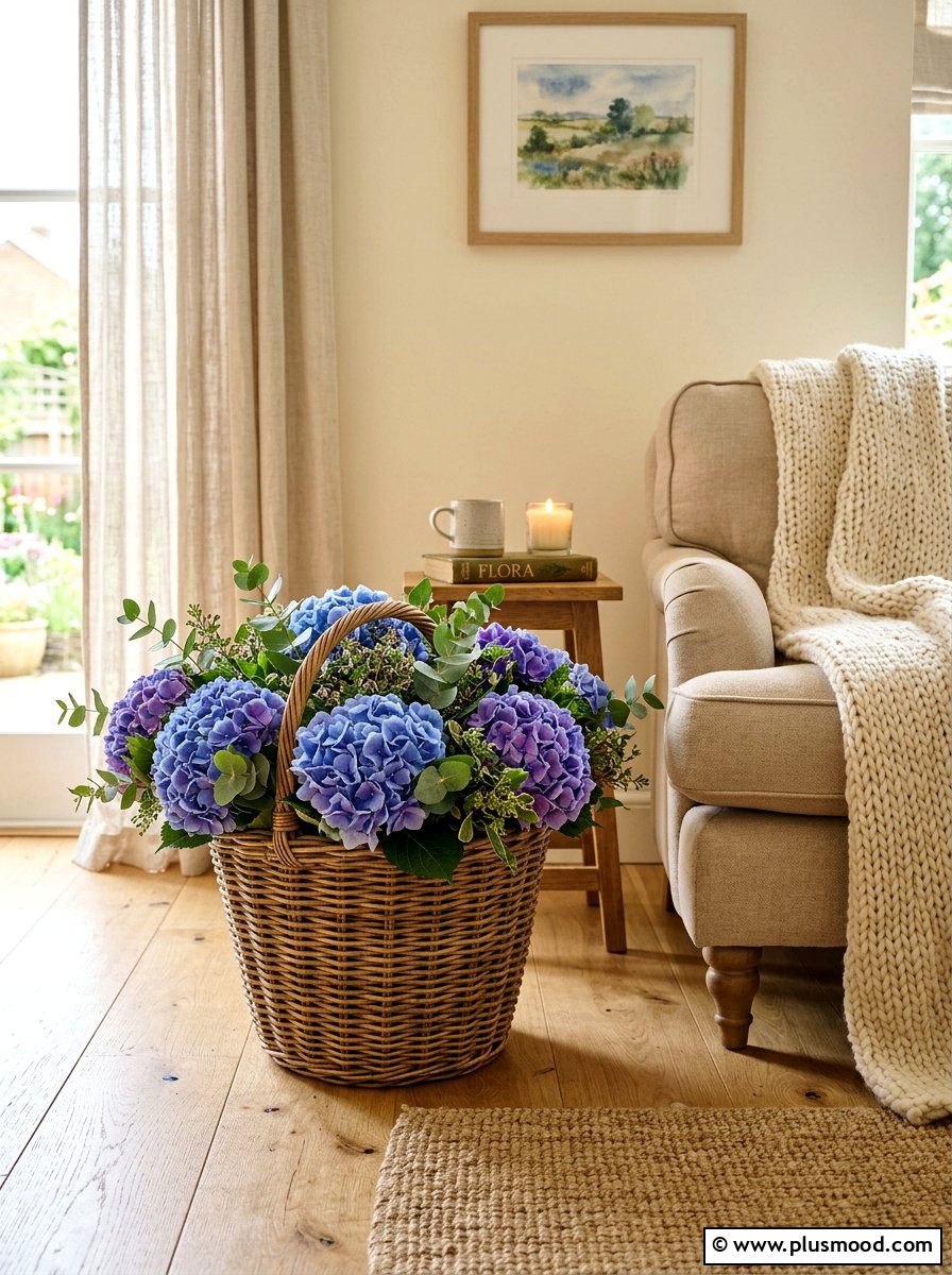 Rustic Basket Hydrangea - 25 late summer hydrangea decor ideas
