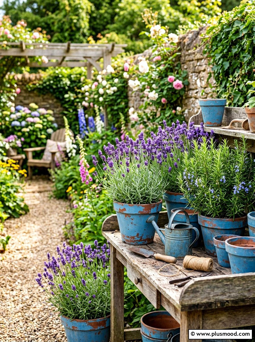 Rustic Blue Terracotta Garden - 25 summer blue planter styling ideas