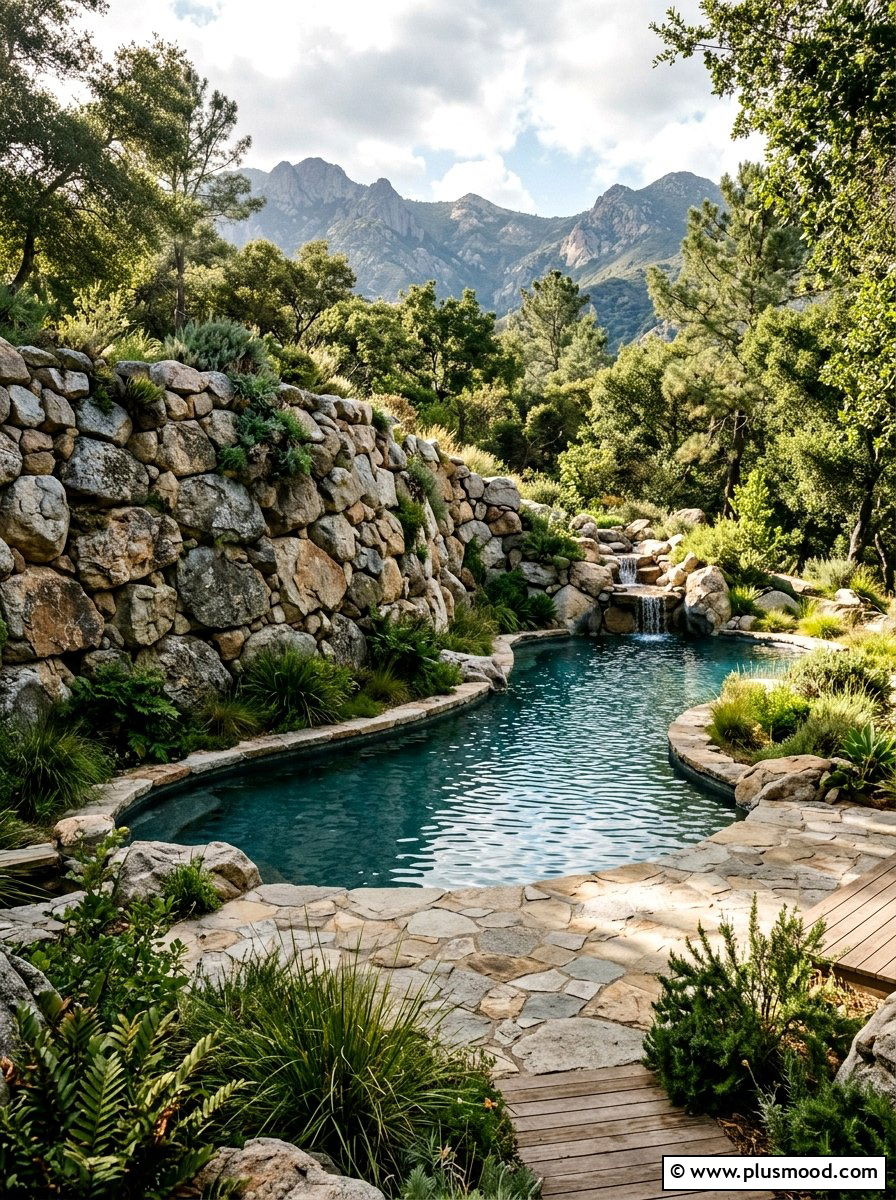 Rustic Boulder Wall Poolside - 25 pool landscaping ideas with stone walls