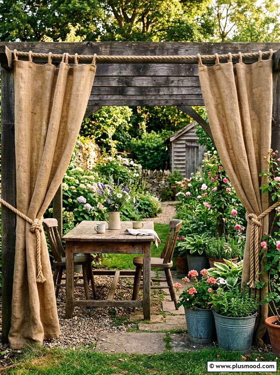 Rustic Burlap Outdoor Curtains - 25 small backyard ideas with outdoor curtains