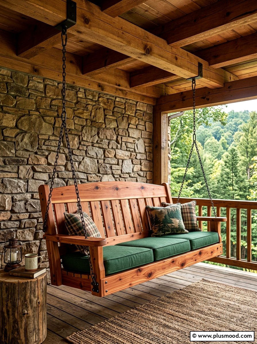 Rustic Cedar Wood Swing - 25 summer front porch swing ideas