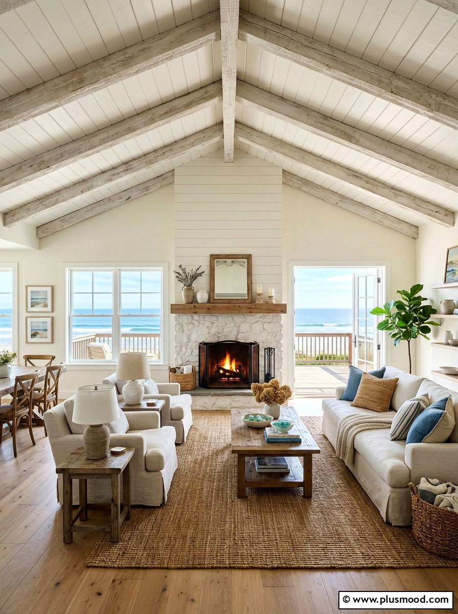 Rustic Ceiling Beams - 25 summer coastal farmhouse living room ideas