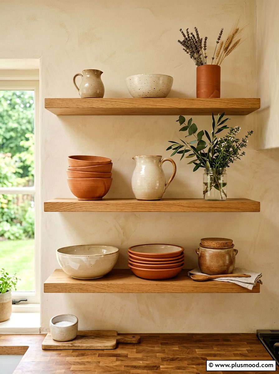 Rustic Ceramic Shelf Styling - 25 late summer kitchen decor ideas