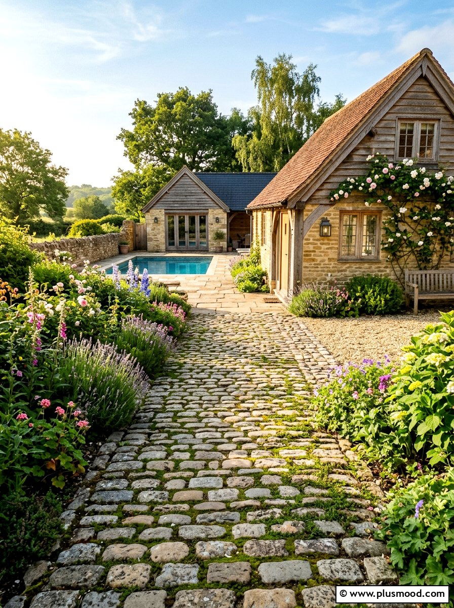 Rustic Cobblestone Path Near Pool House - 25 pool landscaping ideas with stone pathway