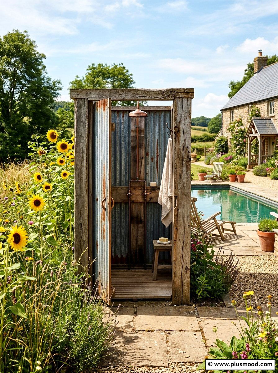 Rustic Farmhouse Pool Landscape With Metal Shower - 25 pool landscaping ideas with outdoor shower