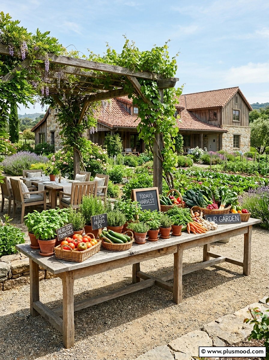 Rustic Farmhouse Vegetable Display Table - 25 outdoor garden decor ideas with vegetable display