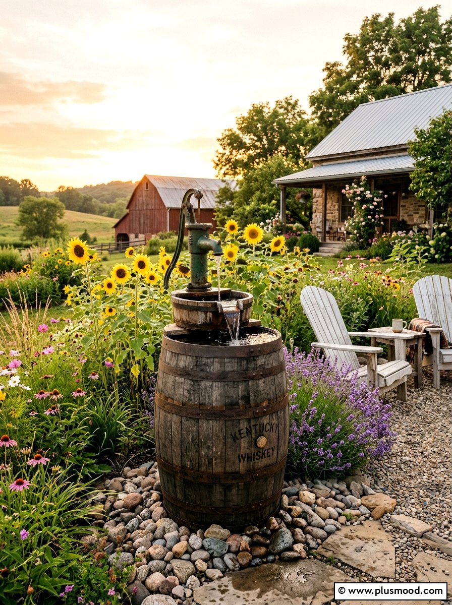 Rustic Farmhouse Wooden Barrel Fountain - 25 small backyard ideas with fountain