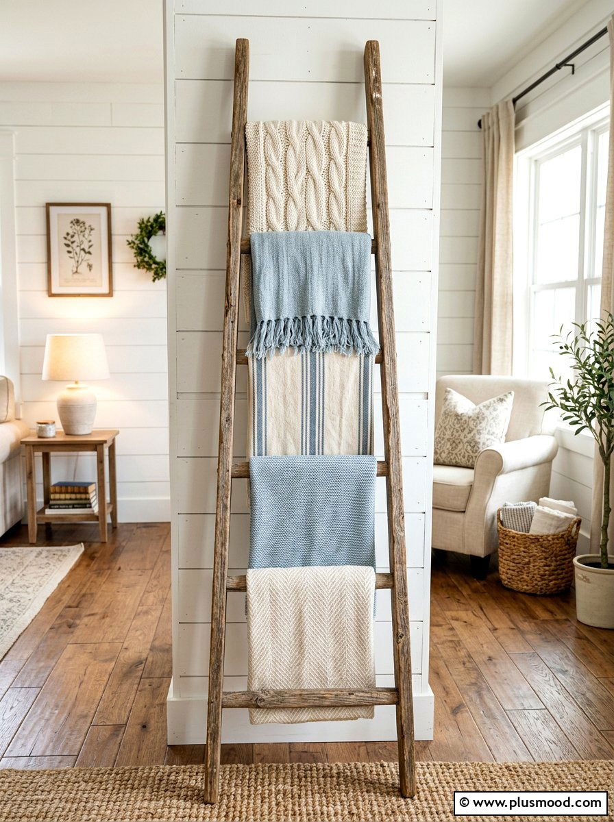 Rustic Ladder Blanket Display - 25 summer farmhouse decor ideas