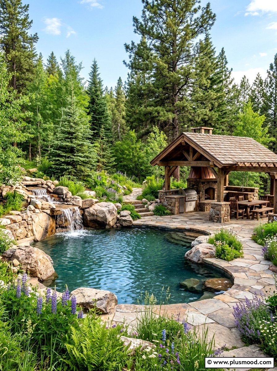 Rustic Stone Pool - 25 pool landscaping ideas with outdoor kitchen