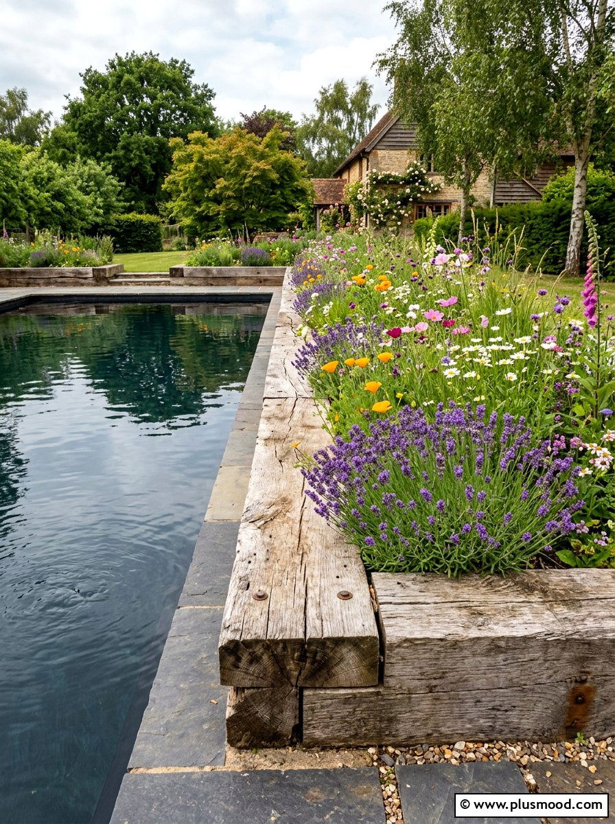 Rustic Timber Garden Edge - 25 pool landscaping ideas with raised garden beds