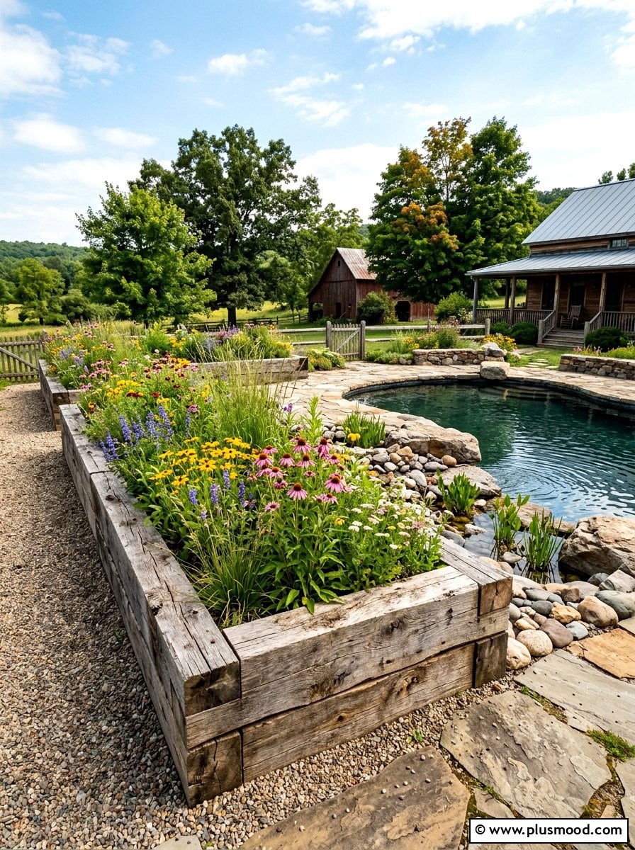 Rustic Timber Raised Bed - 25 pool landscaping ideas with raised planters