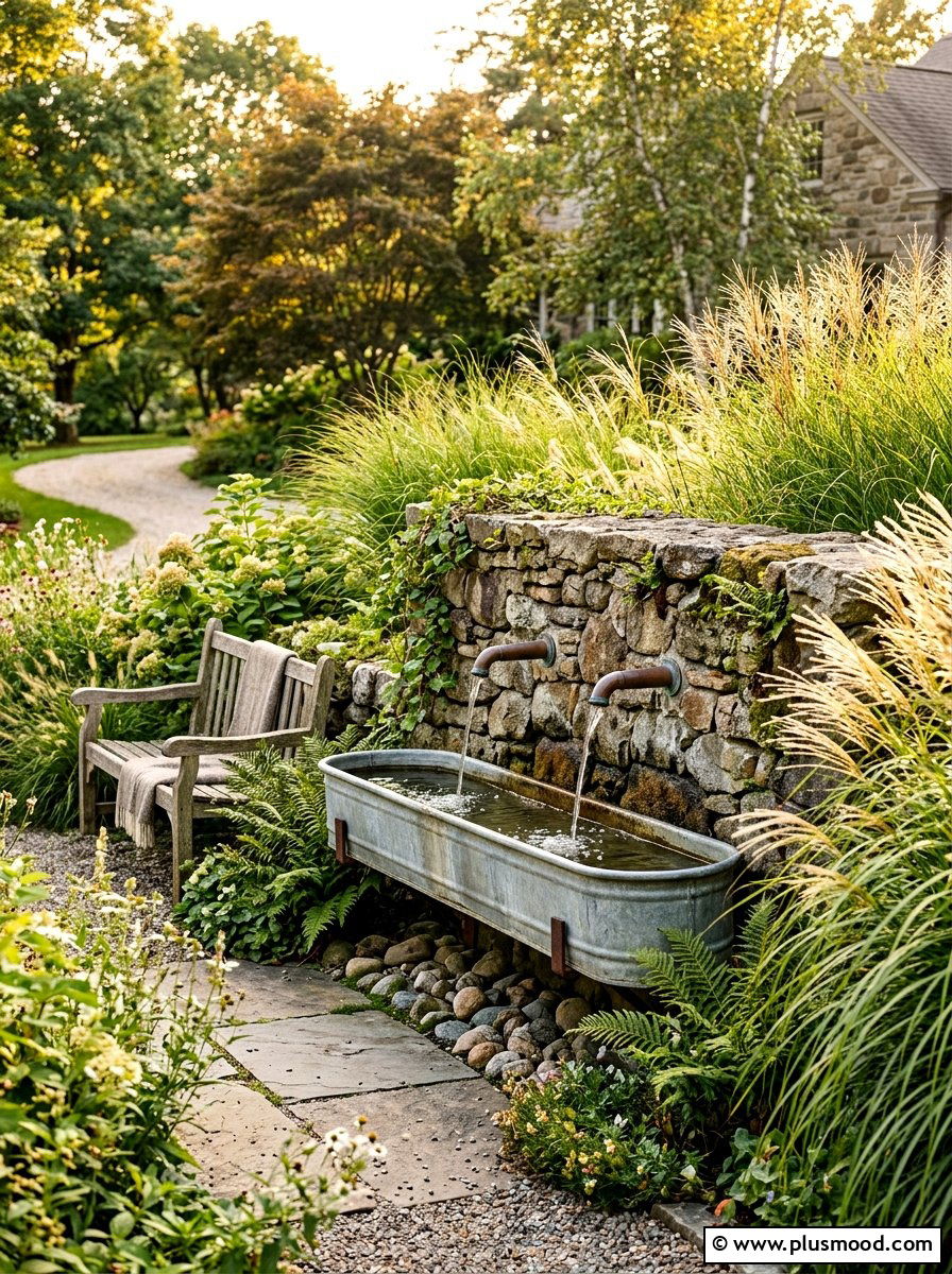 Rustic Trough Wall Fountain - 25 small backyard ideas with wall fountain