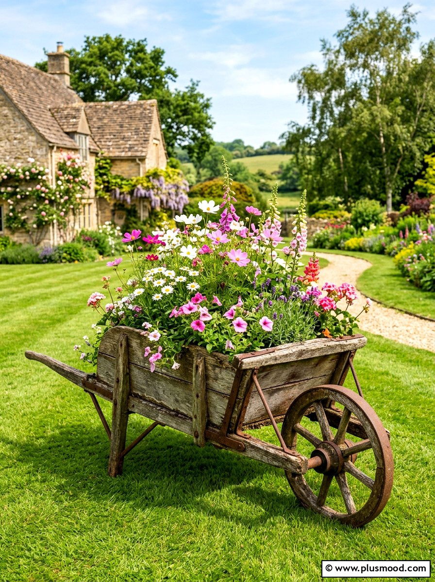 Rustic Wheelbarrow Planter - 25 summer farmhouse planter ideas
