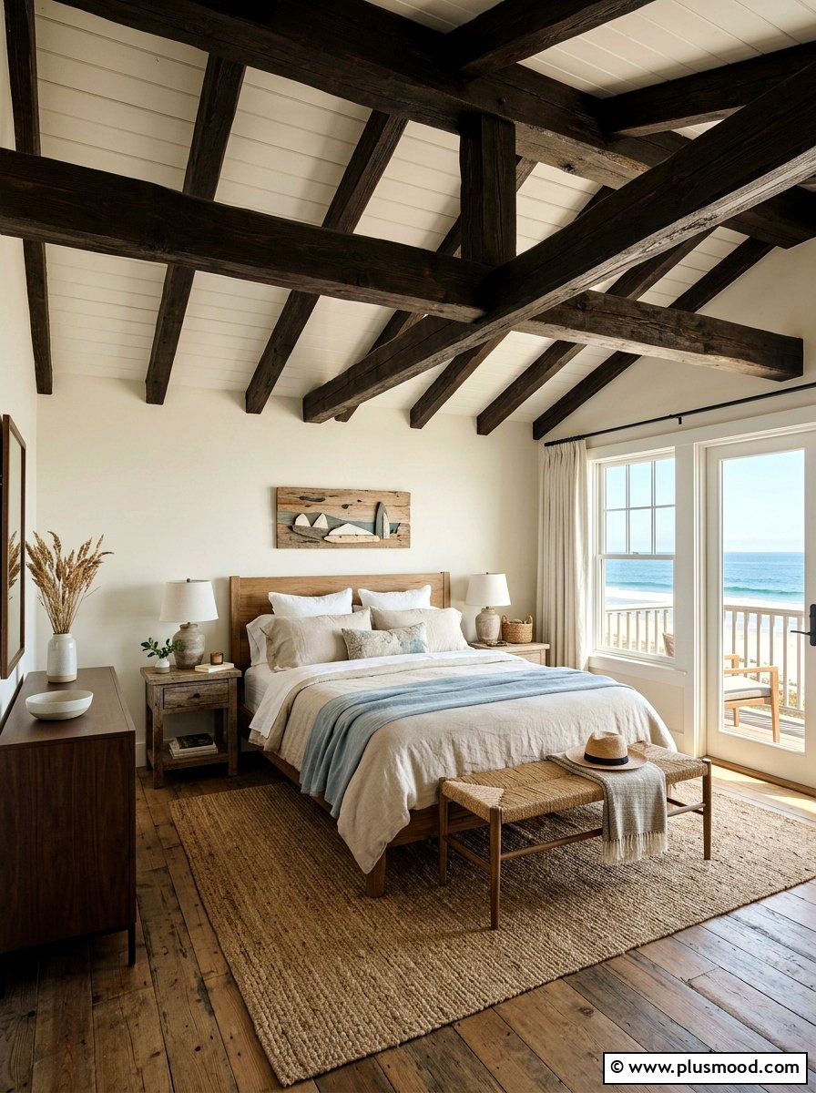 Rustic Wood Beam Beach Farmhouse Bedroom - 25 summer coastal farmhouse bedroom ideas