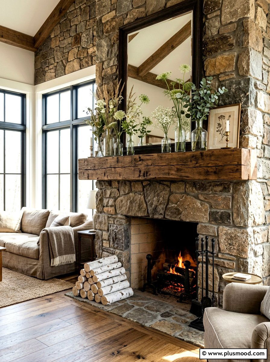 Rustic Wood Beam Mantel - 25 summer mantel decor ideas