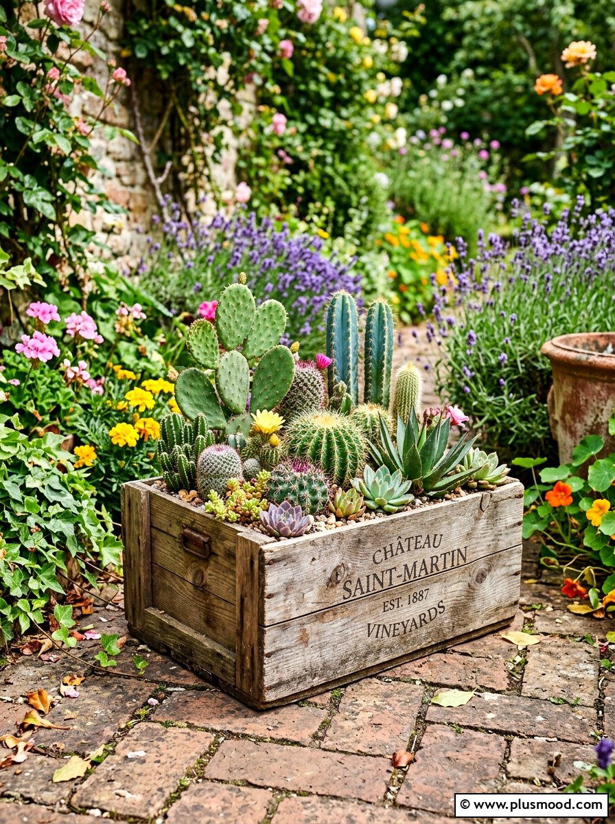 Rustic Wood Cactus Crate - 25 summer cactus planter ideas