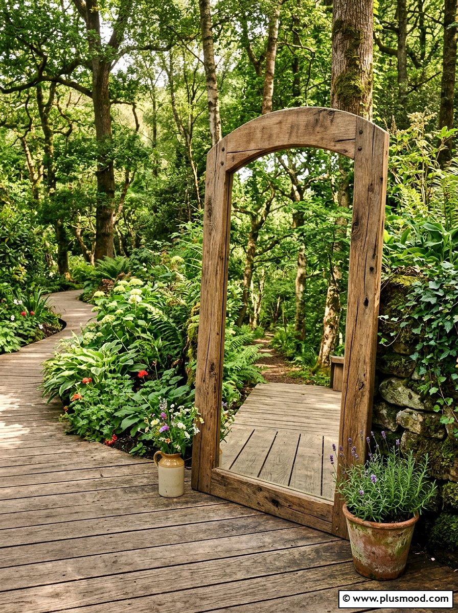 Rustic Wood Framed Garden Mirror - 25 small backyard ideas with mirror