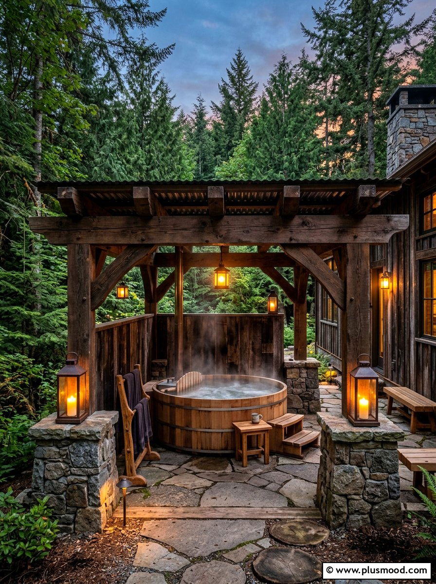 Rustic Wood Hot Tub Area - 25 summer hot tub patio ideas