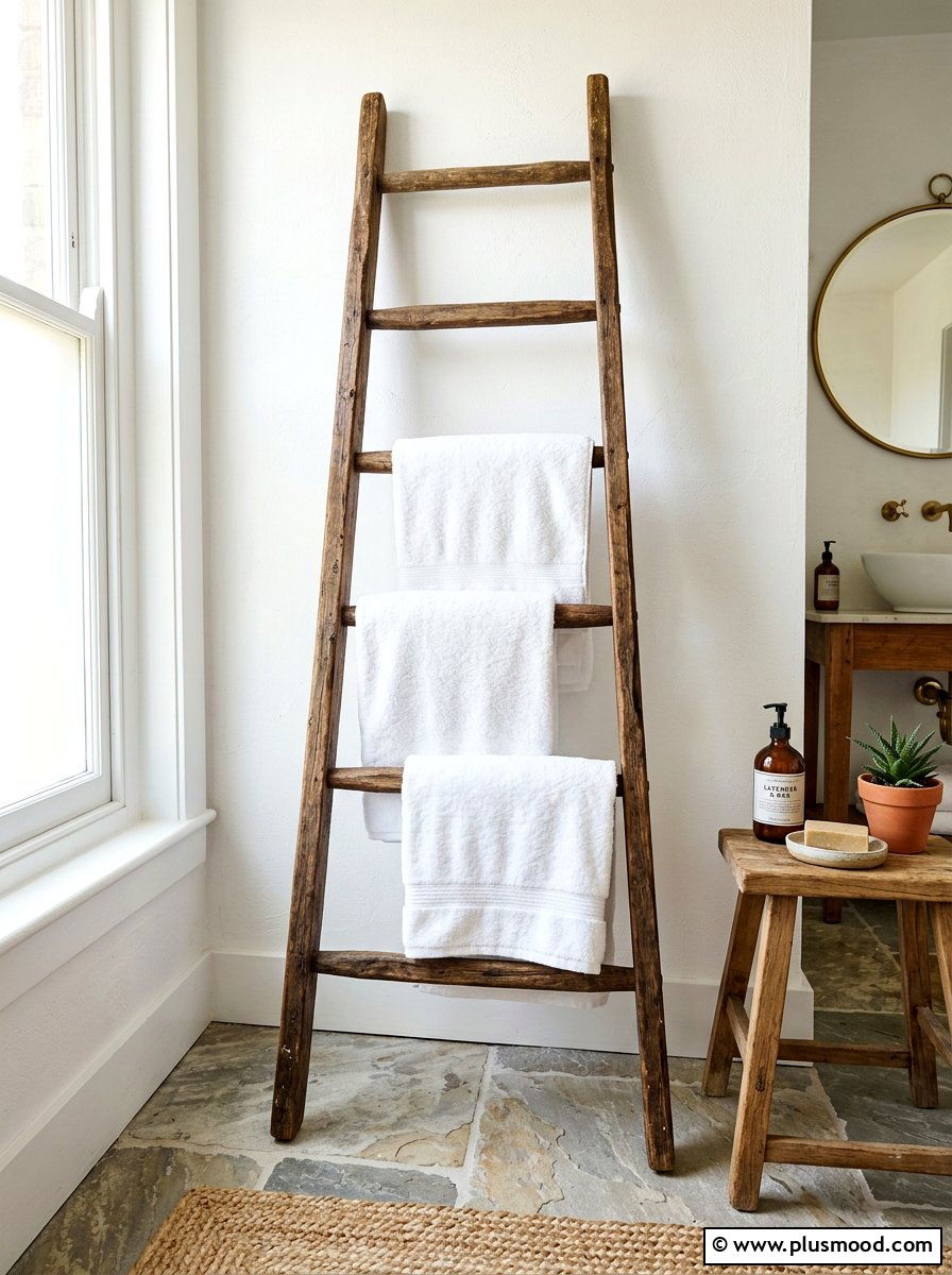 Rustic Wood Ladder Towel Rack - 25 summer rustic decor ideas