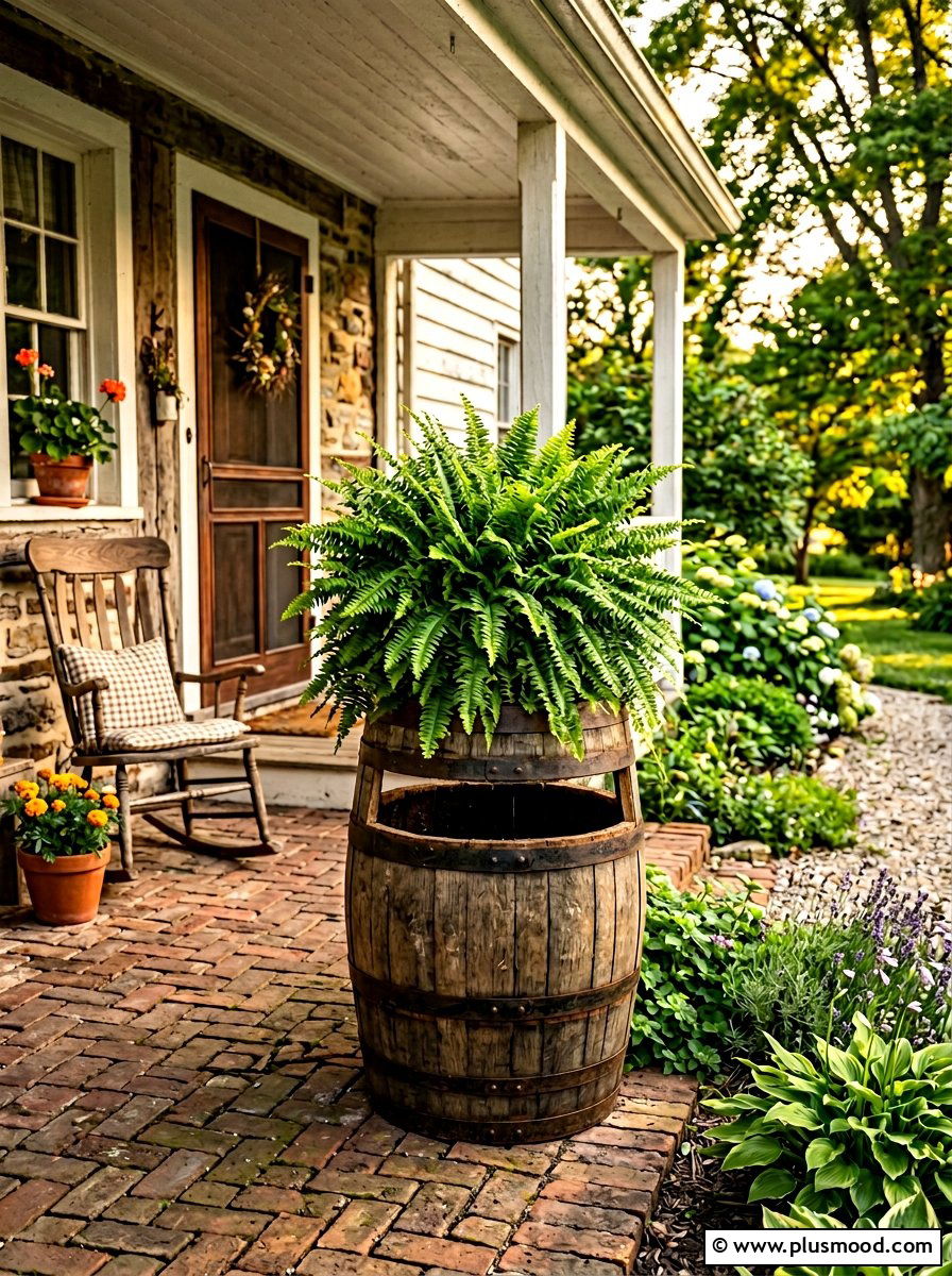 Rustic Wooden Barrel Fern Display - 25 summer potted fern ideas for porch