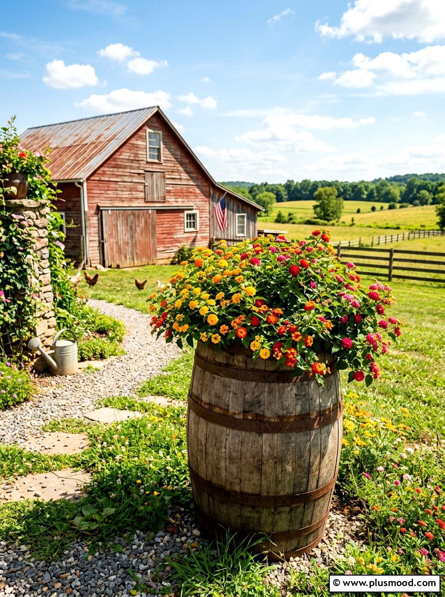 Rustic Wooden Barrel Mixed Lantana - 25 summer planters with lantana ideas
