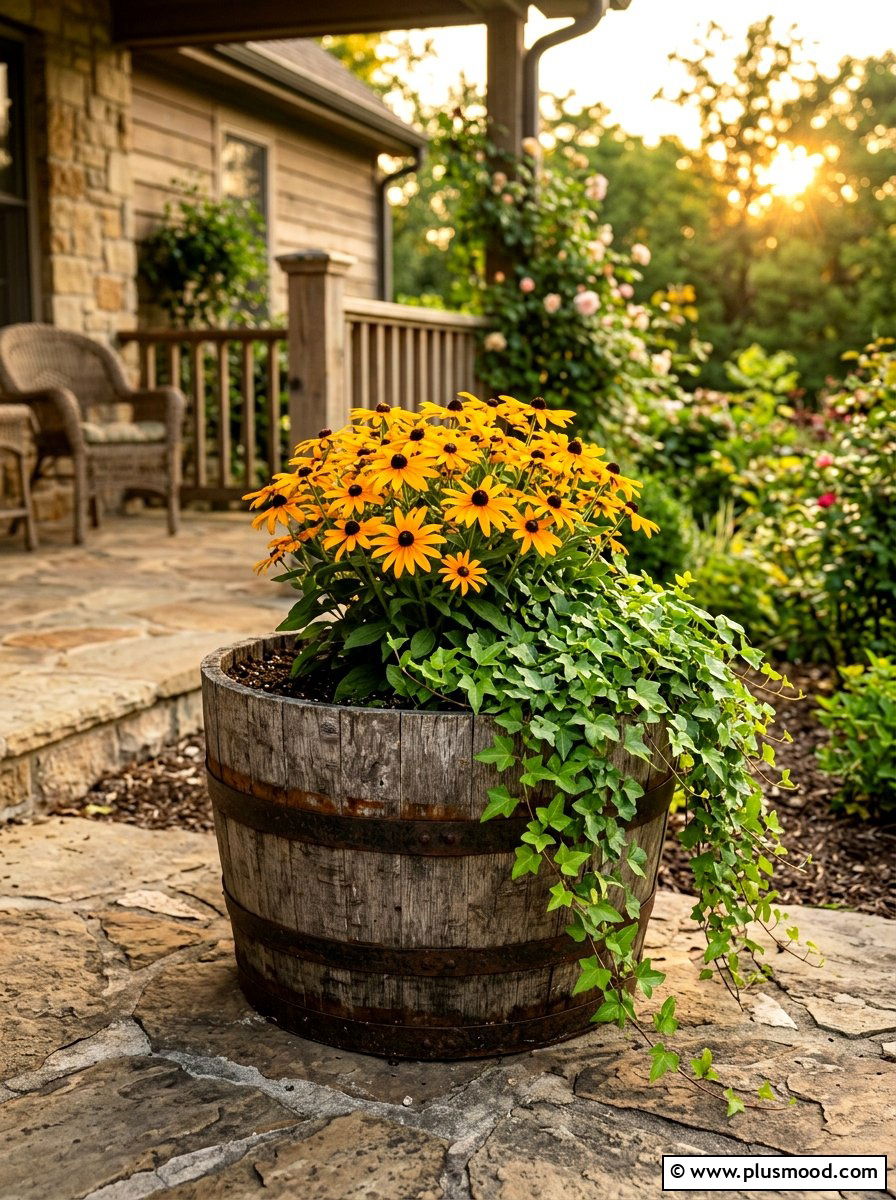Rustic Wooden Barrel Planter - 25 late summer planter ideas for porch