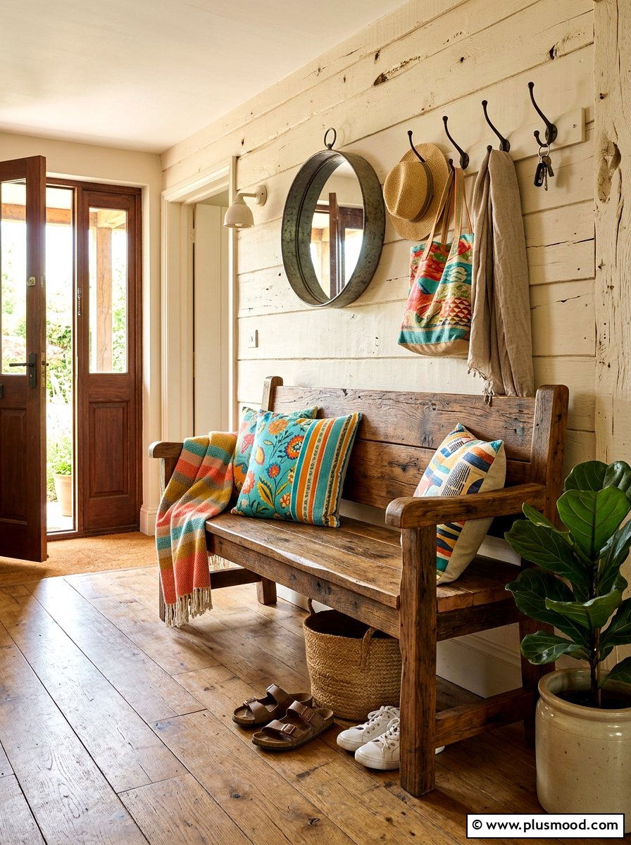 Rustic Wooden Bench Entry - 25 summer seasonal entry decor ideas