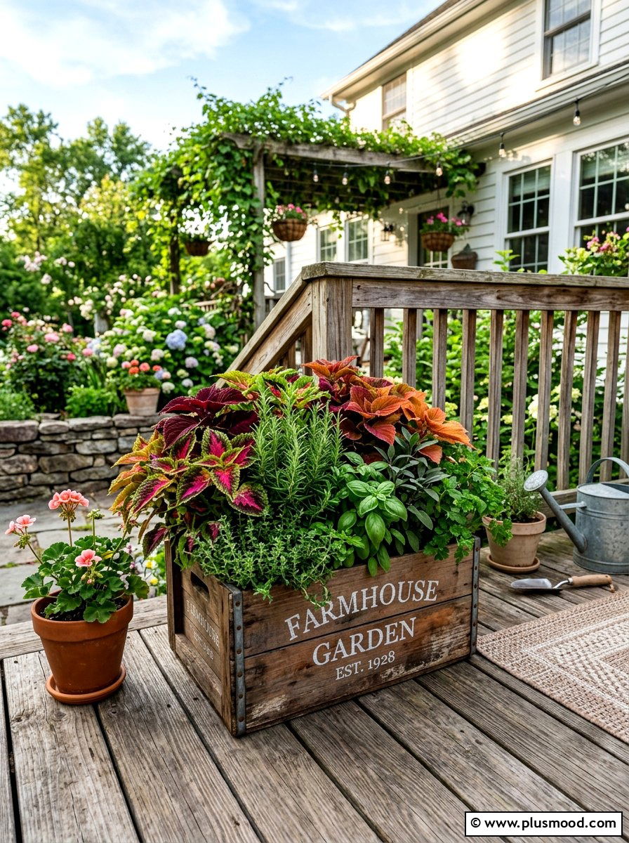 Rustic Wooden Crate Coleus Arrangement - 25 summer planters with coleus ideas
