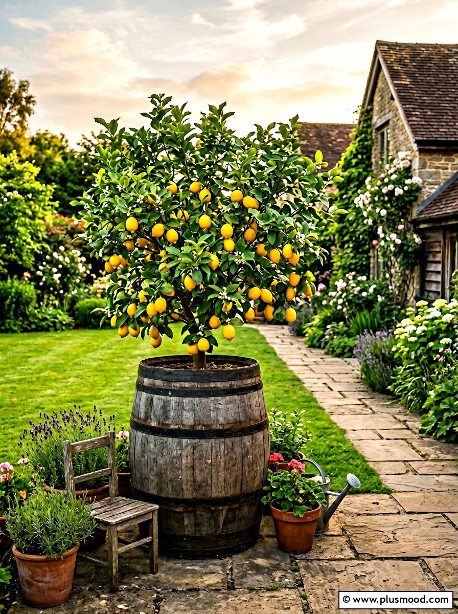 Rustic Wooden Half Barrel - 25 summer lemon tree planter ideas