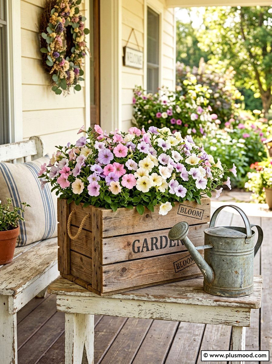 Rustic Wooden Petunia Box - 25 summer planters with petunias ideas