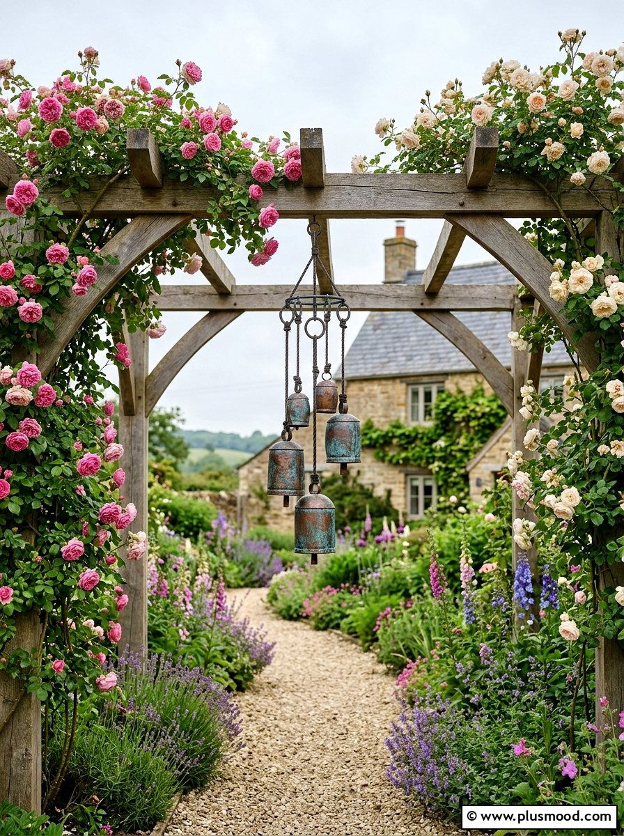 Rustic farmhouse garden arbor - 25 outdoor garden decor ideas with wind chimes
