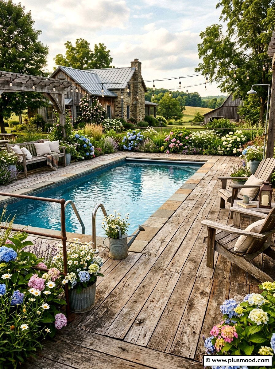 Rustic farmhouse pool with reclaimed wood deck - 25 pool landscaping ideas with wooden deck
