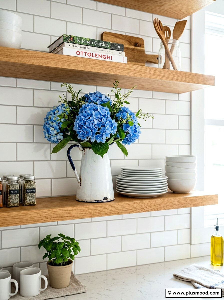 Rustic hydrangea pitcher on open shelving - 25 summer kitchen decor ideas with hydrangeas