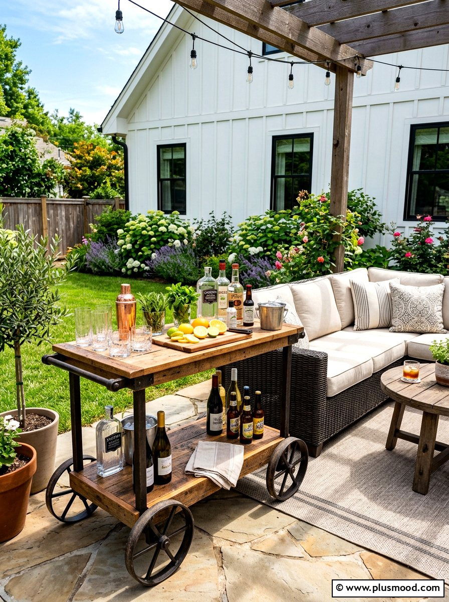 Rustic outdoor bar cart - 25 summer farmhouse outdoor entertaining ideas