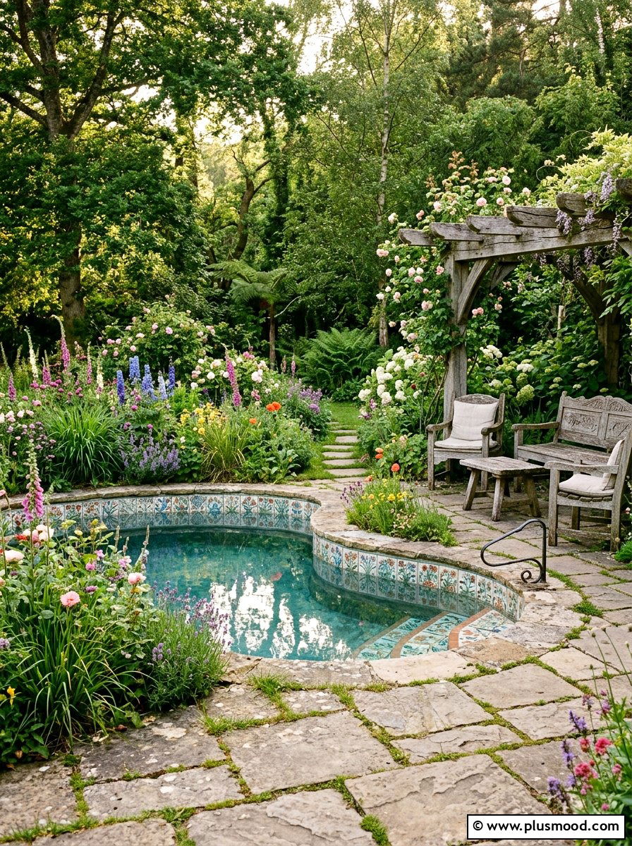 Rustic pool with hand painted tile - 25 pool landscaping ideas with tile accents