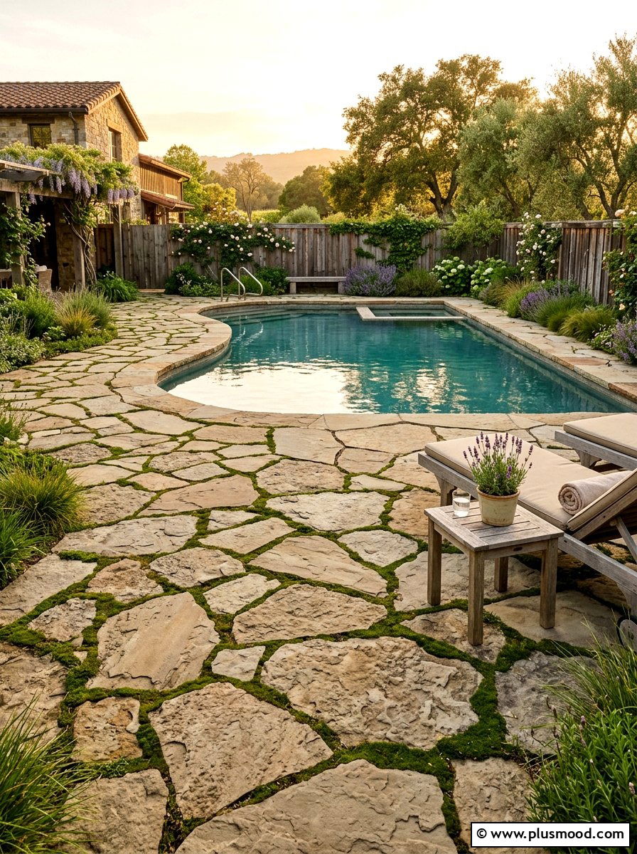 Rustic sandstone flagstone pool surround - 25 pool landscaping ideas with sandstone